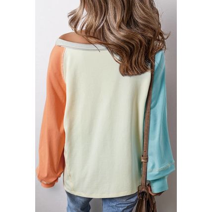 Yellow Cream Colorblock Patchwork Crew Neck Long Sleeve Top