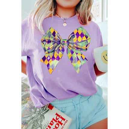 Wisteria Mardi Gras Bowknot Pattern Crew Neck T Shirt