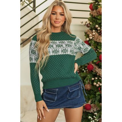 Green Christmas Snowflake Dotted Print Round Neck Sweater