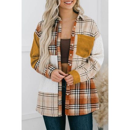 Orange Plaid Color Block Patchwork Shirt Jacket with Pocket