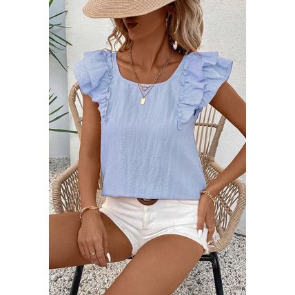 Beau Blue Textured Bow Knot Frilled Butterfly Sleeve Blouse