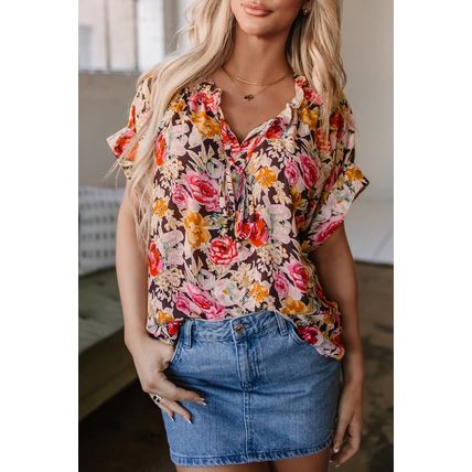 Pink Floral Print Crew Neck Short Sleeve Shift Blouse