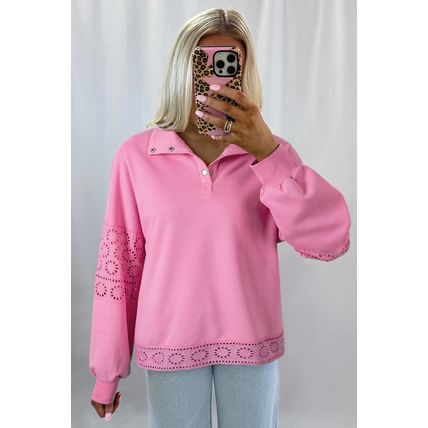 Bonbon Embroidered Flower Patchwork Snap Buttons Pullover Sweatshirt