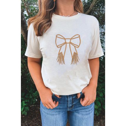 White Tassel Bowknot Embroidered Graphic Print Western Round Neck T Shirt