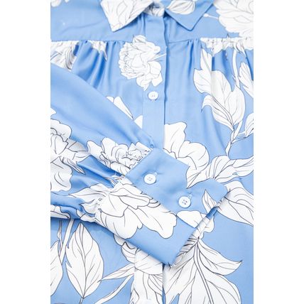 Sky Blue Floral Print Button Up Pleated Detail Puff Sleeve Shirt