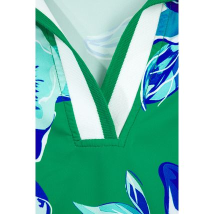 Bright Green Contrast Floral Print Collared V Neckline Ruffled Cap Sleeve Shift