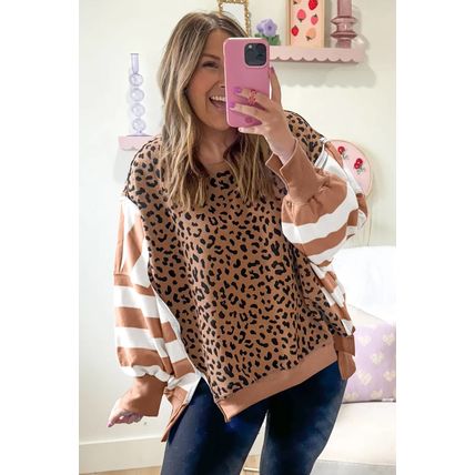 Khaki Stripe Color Block Patchwork Leopard Casual Sweatshirt with Slits