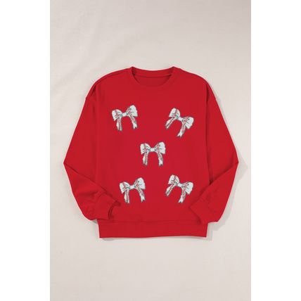 Red Sequined Baseball Bow Graphic Plus Size Sweatshirt