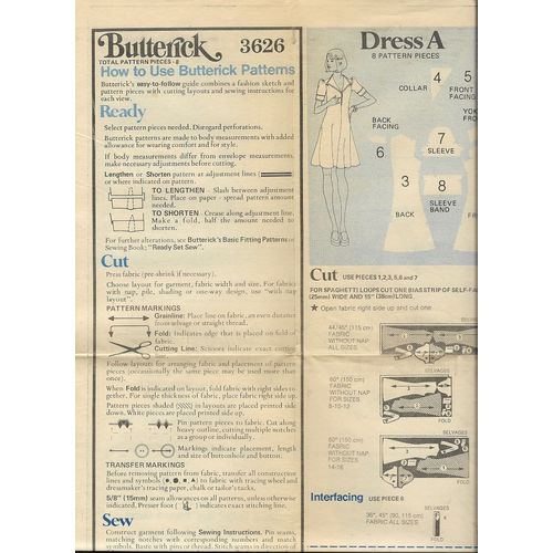 Butterick 3626 Sewing Pattern Misses Dress in 2 lengths Size 12 Used Ca. 1970s