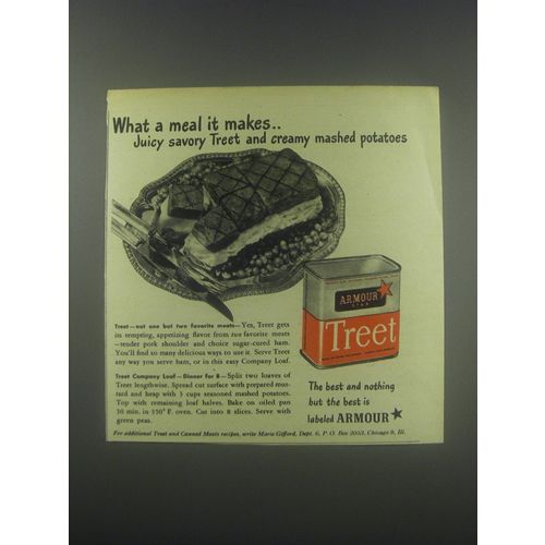 1946 Armour Treet Meat Ad - What a meal it makes.. Juicy savory Treet