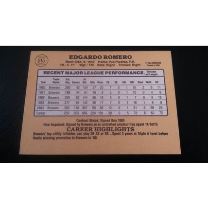 1985 Donruss Card # 515 Ed Romero Autograph 202009121532 Milwaukee Brewers