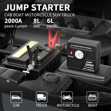Battery Jump Starter Power Pack Tyre Inflator Pump 150psi 20000mAh JF.EGWO 2000A