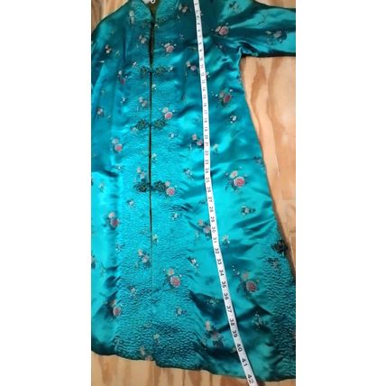 Wms Embroidered Aqua Floral Oriental Kimono Robe Gown Sm/Med Heavy Quality Flaw