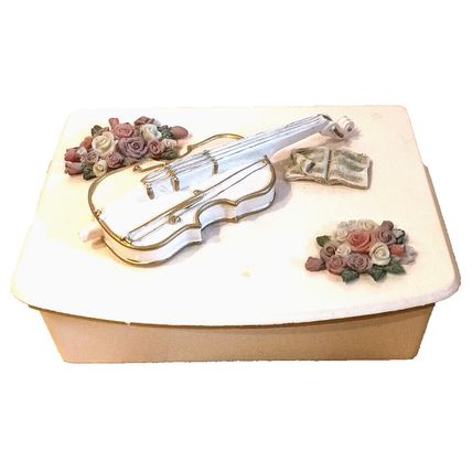 Vintage Pink Pearl Jewelry Box White Violin & Flowers Hand-Painted With Mirror