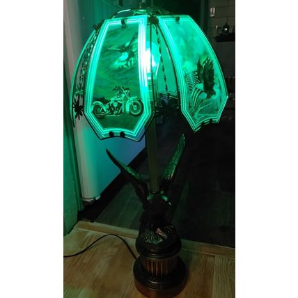 Vintage Heavy Brass Eagle American Flag Motorcycle Table Lamp Glass Panels Works