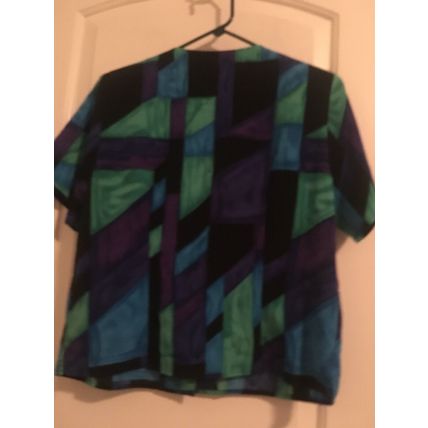 Vtg Joan Leslie Women's Geometric Button Up Blouse Top Size 8 Blue Green