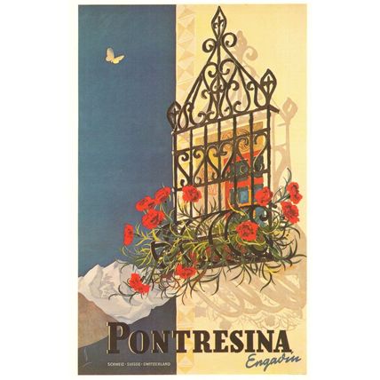 Pontresina Engadin Plakat Vur Verkehrsverein Swiss 1938 Poster Postcard