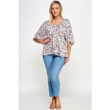 Women's Floral V-neck Babydoll Balloon Sleeve Top
