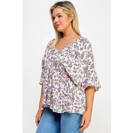 Women's Floral V-neck Babydoll Balloon Sleeve Top