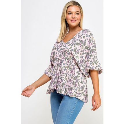 Women's Floral V-neck Babydoll Balloon Sleeve Top
