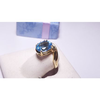 Estate 3.5ctw Oval Natural Blue Topaz/ Diamond 14Kt Yellow Gold Swirl Ring#22303