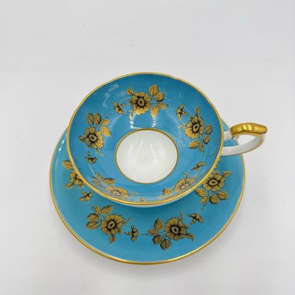 Vintage Aynsley Turquoise Gold Floral Tea Cup & Saucer #9582 Bone China England