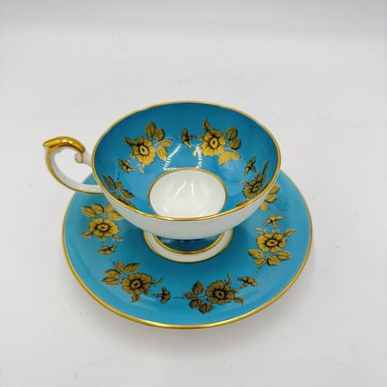 Vintage Aynsley Turquoise Gold Floral Tea Cup & Saucer #9582 Bone China England