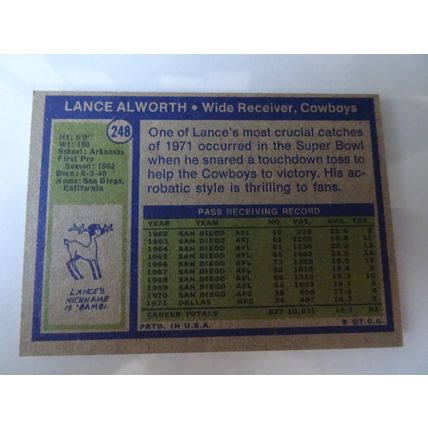 1972 Topps Football Card # 248 Lance Alworth VG-Ex (4) Dallas Cowboys