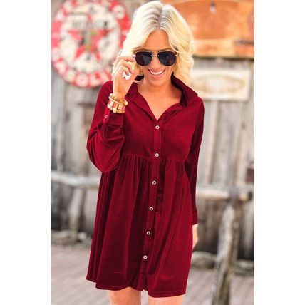 Red Long Sleeve Ruffle Velvet Button Up Dress