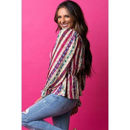 Multicolour Western Aztec Split Neck Peplum Blouse