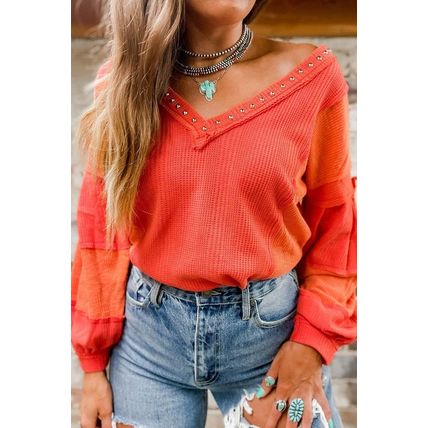 Red Studded V Neckline Exposed Seam Textured Knit Top
