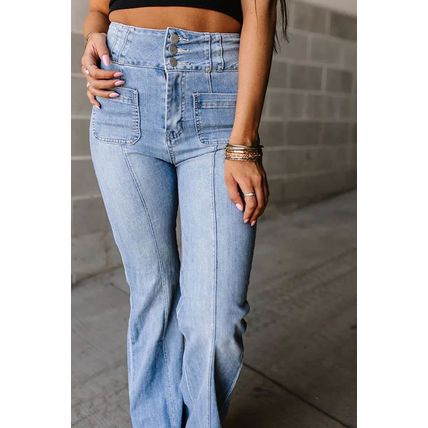 Light Blue Fly Button Exposed Seam Patched Pocket Flare Jeans