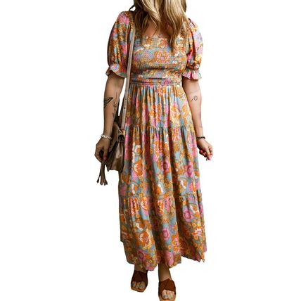Yellow Smocked Bodice High Waist Puff Sleeve Floral Dress