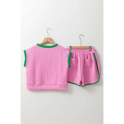 Pink Contrast Trim Cable Textured Shorts Set