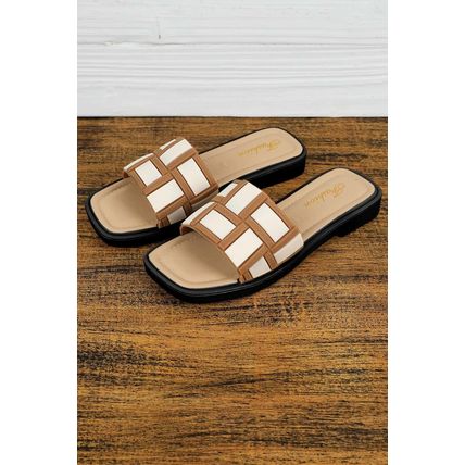 Beige Two Tone Contrast PU Leather Square Toe Slippers