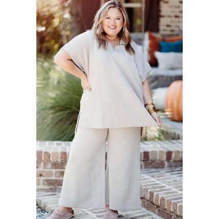 Beige Plus Size Textured Collared Top and Pants Set