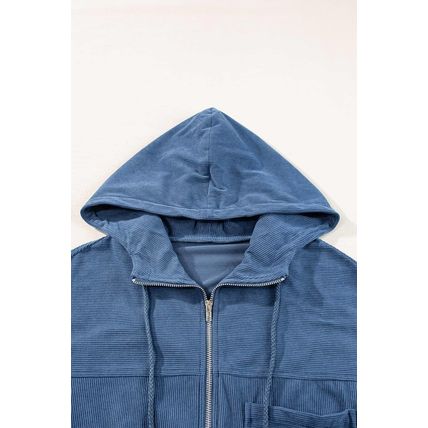 Real Teal Corduroy Drawstring Hooded Pocket Zip Up Jacket