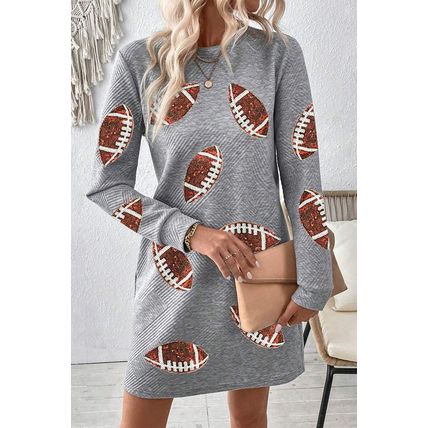 Gray Sequin Rugby Football Graphic Textured Long Sleeve Shift Mini Dress