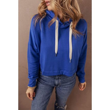Dark Blue Solid Drop Shoulder Drawstring Cropped Hoodie