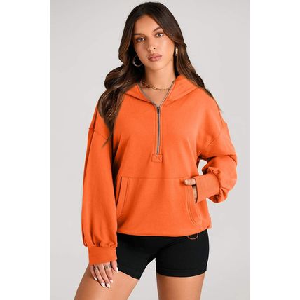 Orange Solid Kangaroo Pocket Half Zipper Oversized Hoodie
