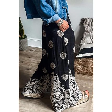 Black Bohemian Printed Drawstring Waist Wide Leg Pants