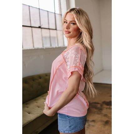Light Pink Lace Patchwork Exposed Seam V Neck T Shirt