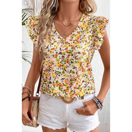 Green Floral Print Ruffled Sleeveless V Neck Tank Top