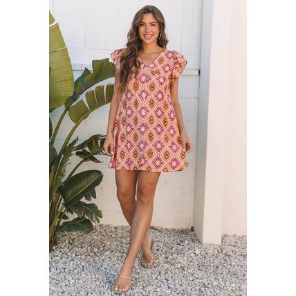 Orange Geometric Floral V Neck Buttoned Ruffled Sleeve Mini Dress