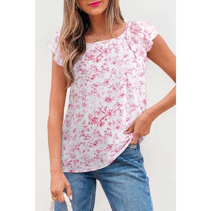 Pink Floral Ruffled Short Sleeve Bow Back Square Neck Blouse