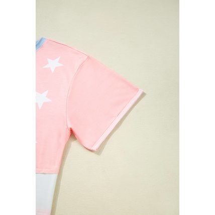 Pink Stars and Stripes Printed Crewneck Independence Day T Shirt