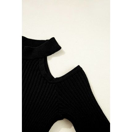 Black Ribbed Knit Cold Shoulder Choker Neck Sweater