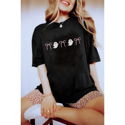 Black Halloween Ghost Bow Embroidered Loose T Shirt