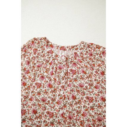 Red Floral Print Pleated Detail Notched Neck Puff Sleeve Blouse