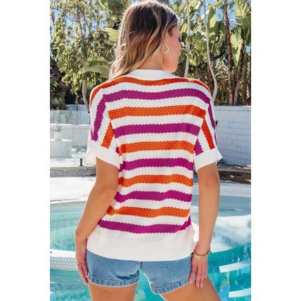 Rose Stripe V Neck Short Sleeve Sweater with Side Slits